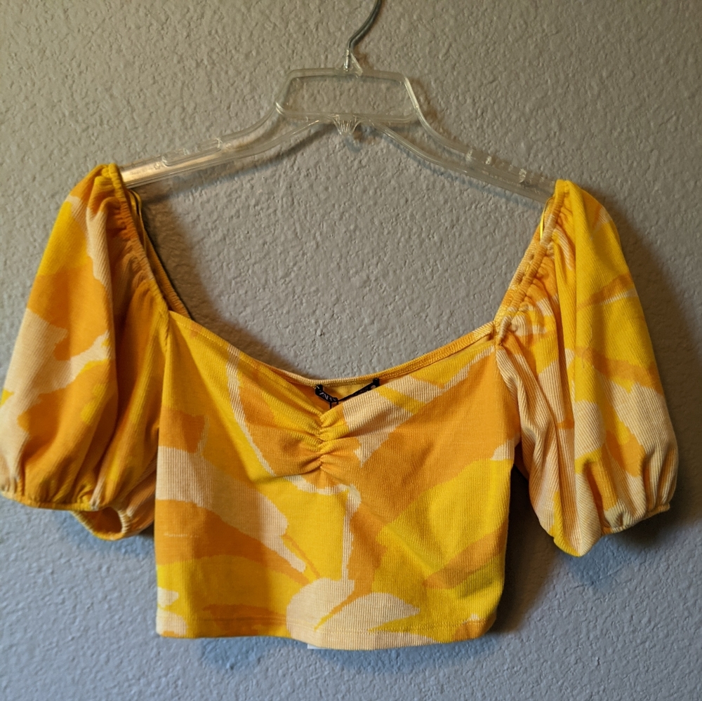 NWT ZARA Orange Yellow Tangerine Knit Crop Top On/Off Shoulder Sz. S - Picture 2 of 8